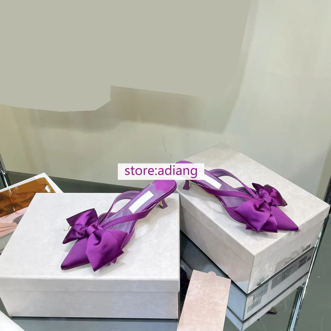 5cm stiletto point toe silk mules shoes sandals bow grace fashion women 2023 high quality