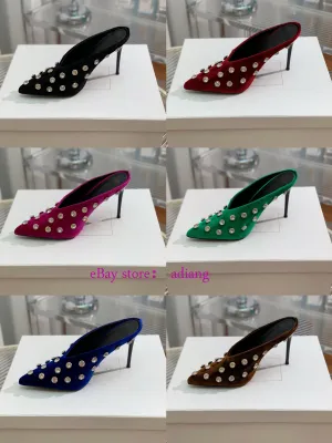 9.5cm stiletto velvet rhinestone point toe mules grace shoes women 2023 35-42