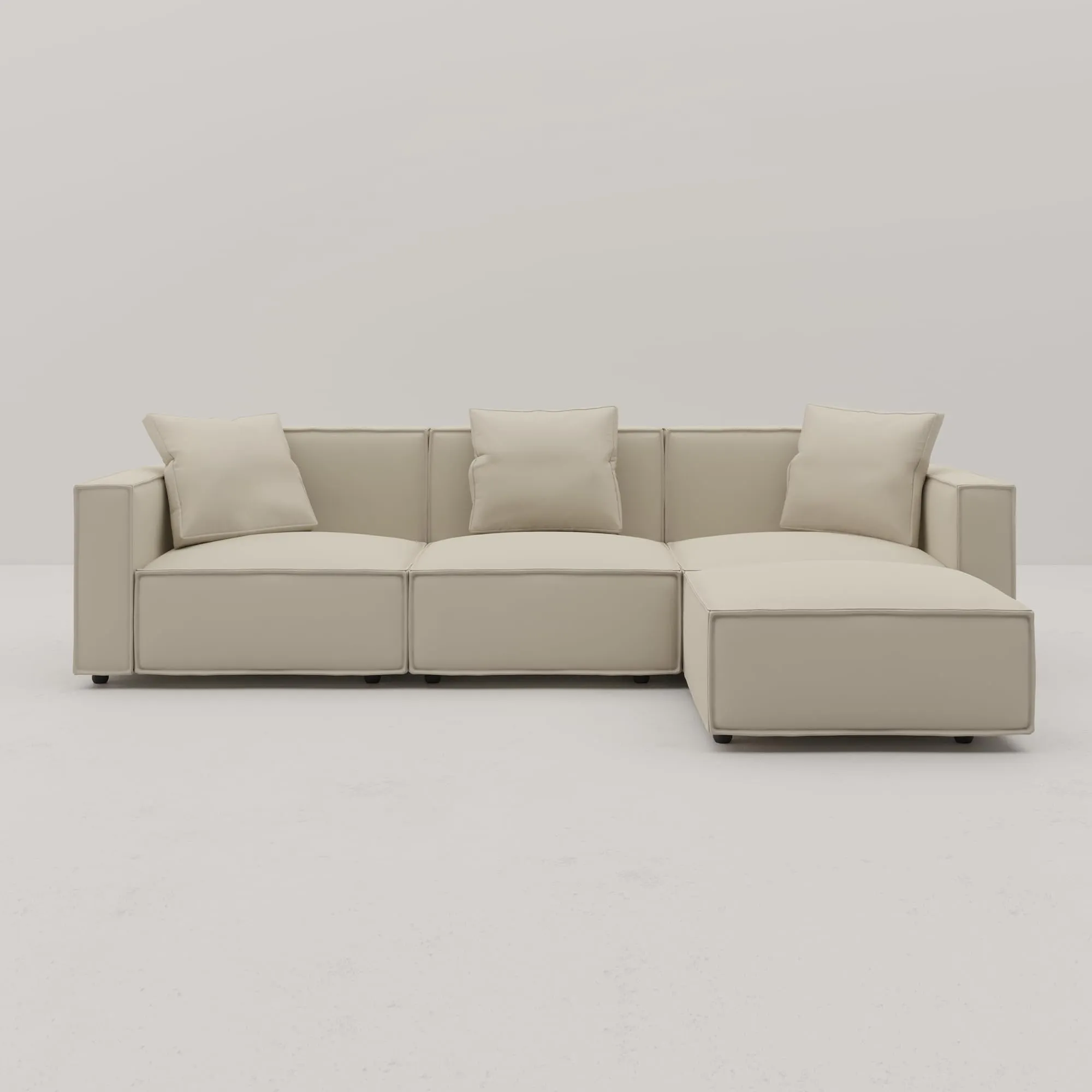 Acanva Luxury Modular Leather Sectional Sofa Set with Ottoman and Chaise, L-Shape, Cream