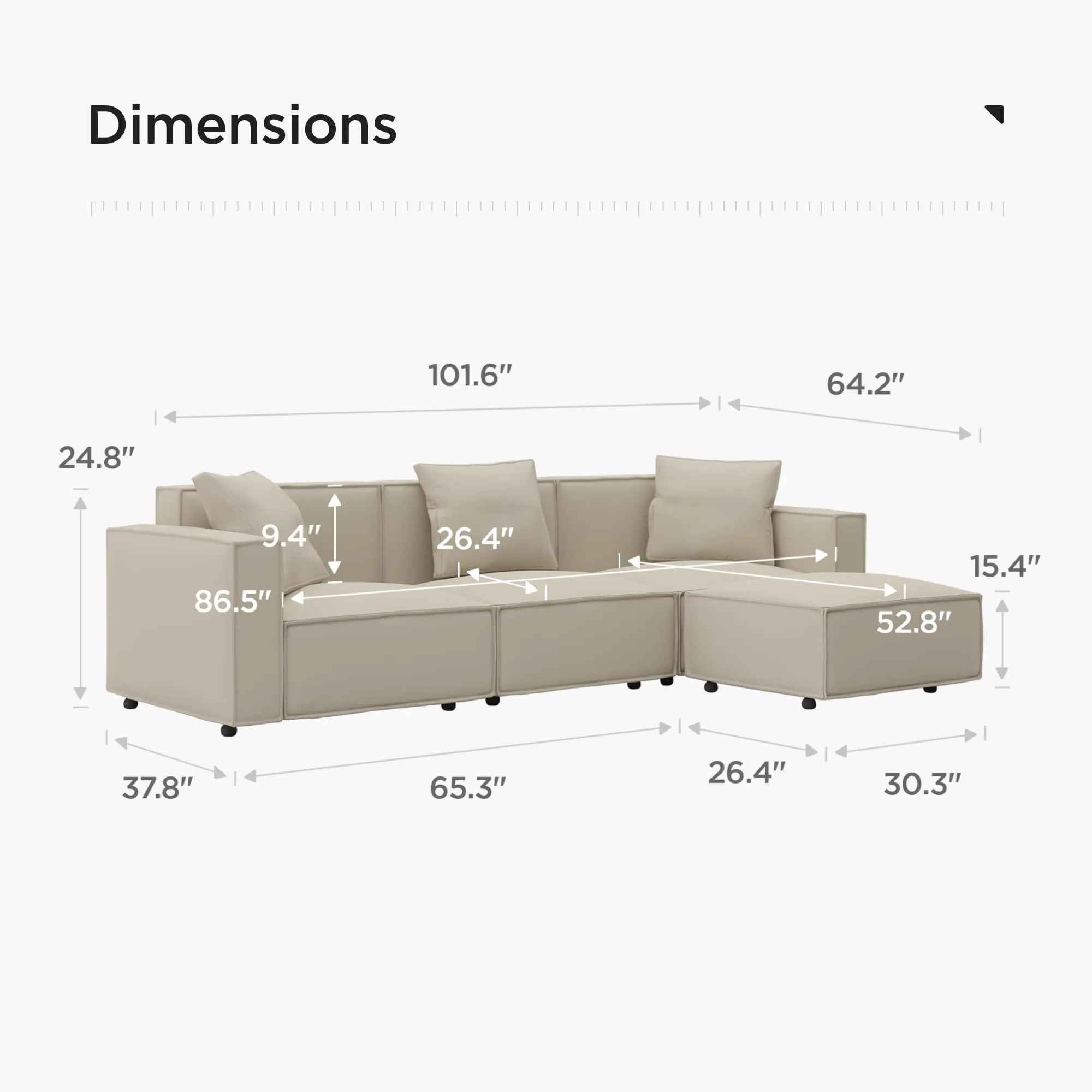 Acanva Luxury Modular Leather Sectional Sofa Set with Ottoman and Chaise, L-Shape, Cream