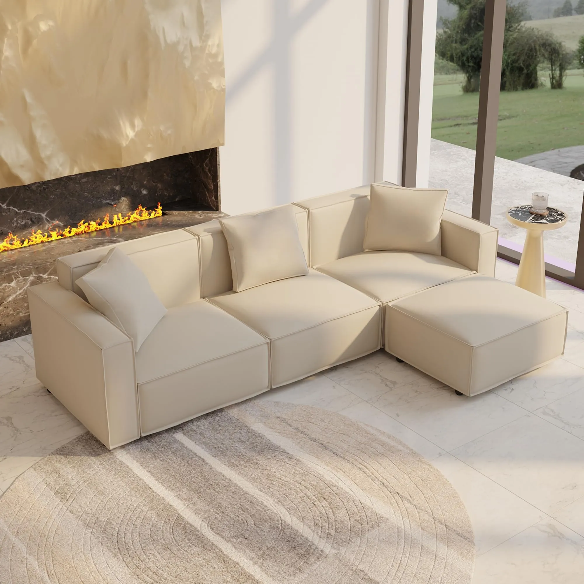 Acanva Luxury Modular Leather Sectional Sofa Set with Ottoman and Chaise, L-Shape, Cream