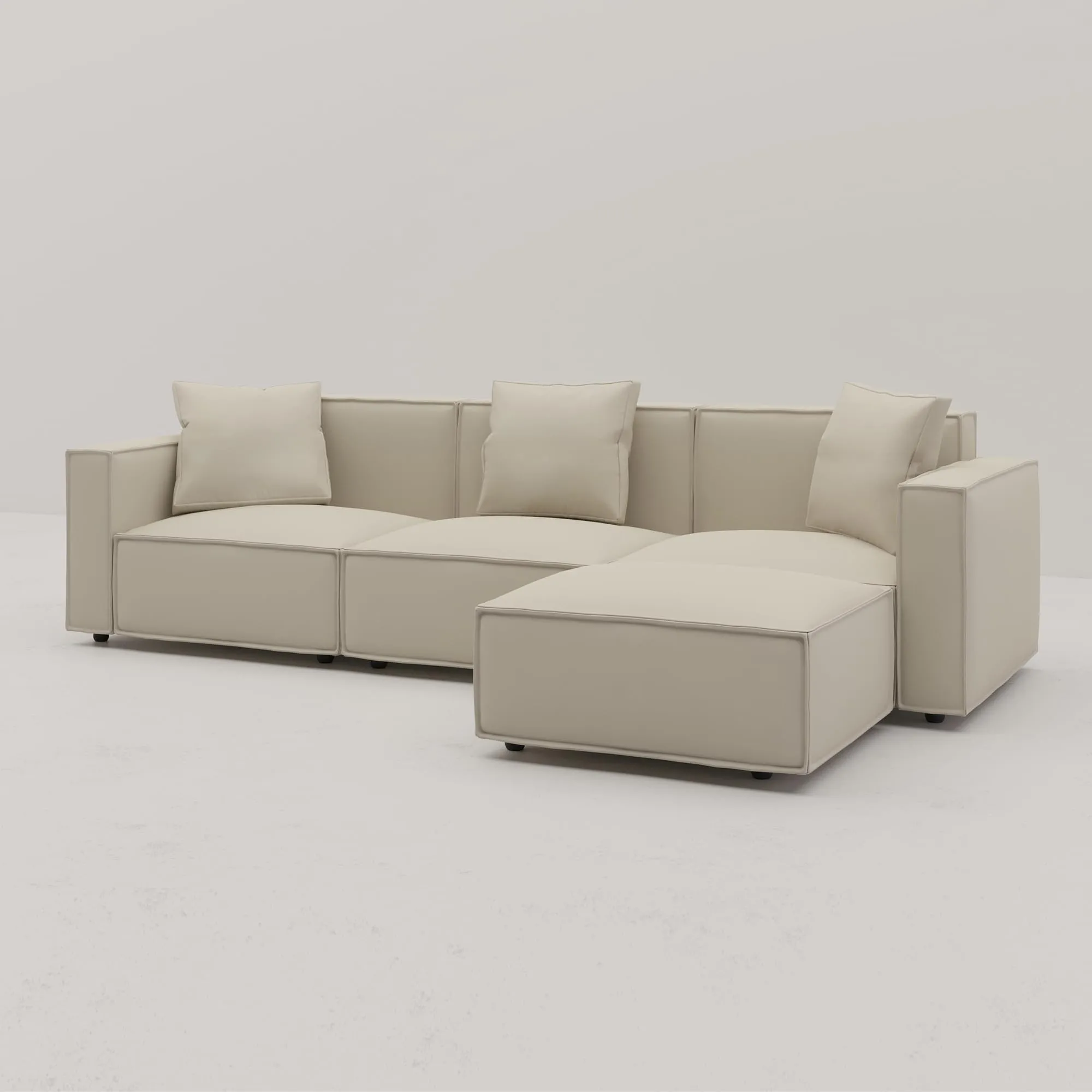 Acanva Luxury Modular Leather Sectional Sofa Set with Ottoman and Chaise, L-Shape, Cream