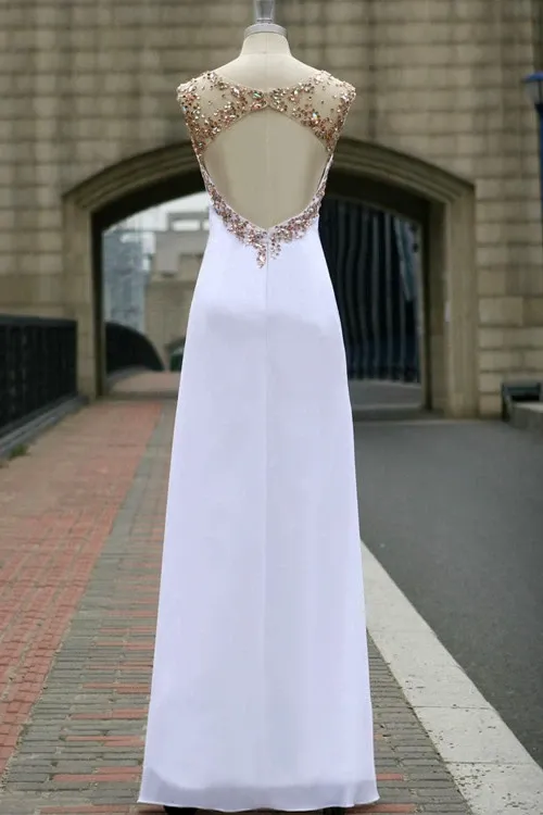 Anneprom Scoop Chiffon Open Back White Long Prom Dress With Crystal APP0017