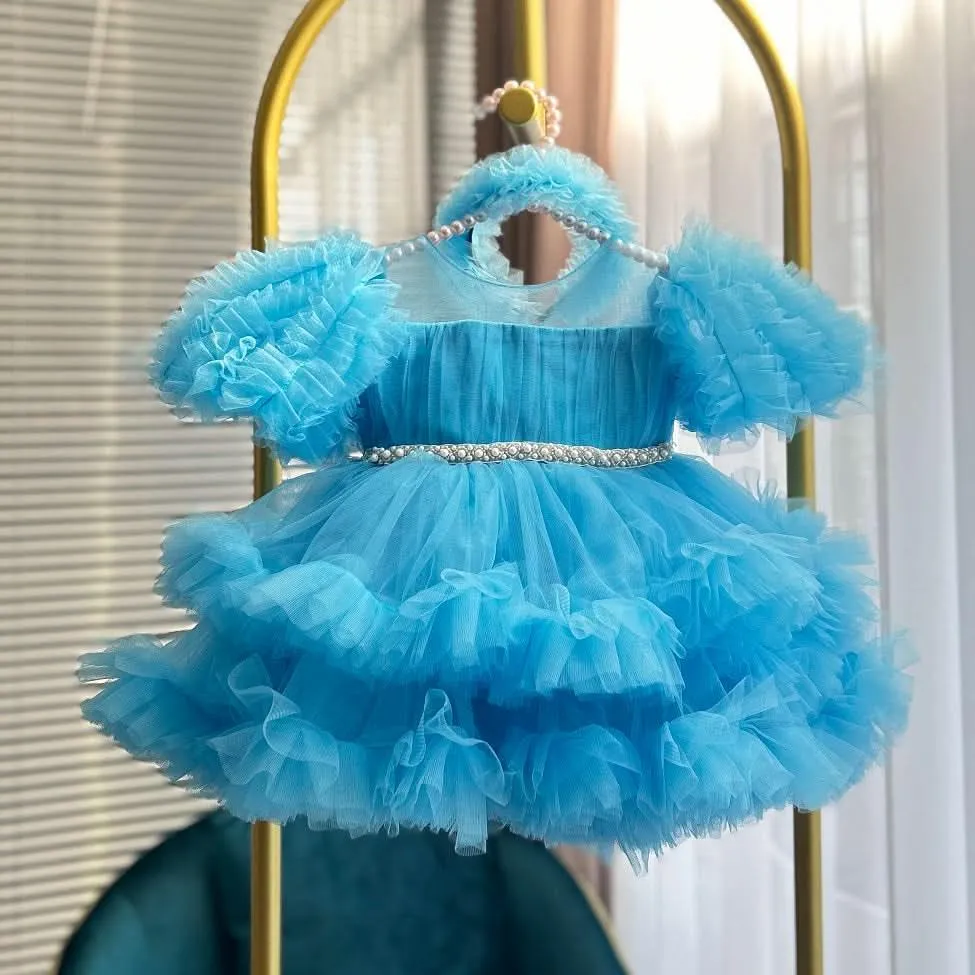 Baby birthday dress sweet and cute puff sleeve princess dress piano playing host catwalk dress