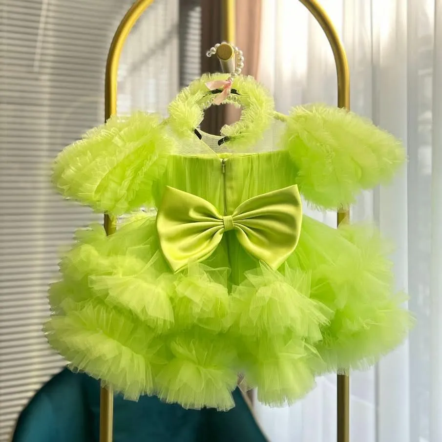 Baby birthday dress sweet and cute puff sleeve princess dress piano playing host catwalk dress