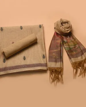 Beige Chanderi Blend Jamdani Woven Unstitched Suit Fabric Set With Chanderi Blend Woven Dupatta