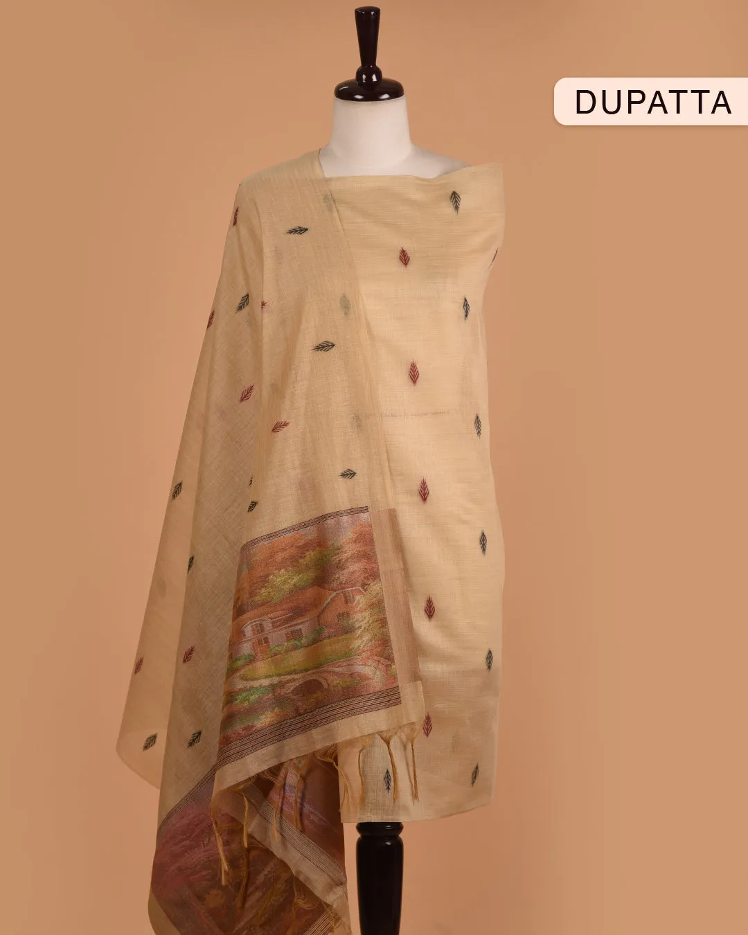 Beige Chanderi Blend Jamdani Woven Unstitched Suit Fabric Set With Chanderi Blend Woven Dupatta