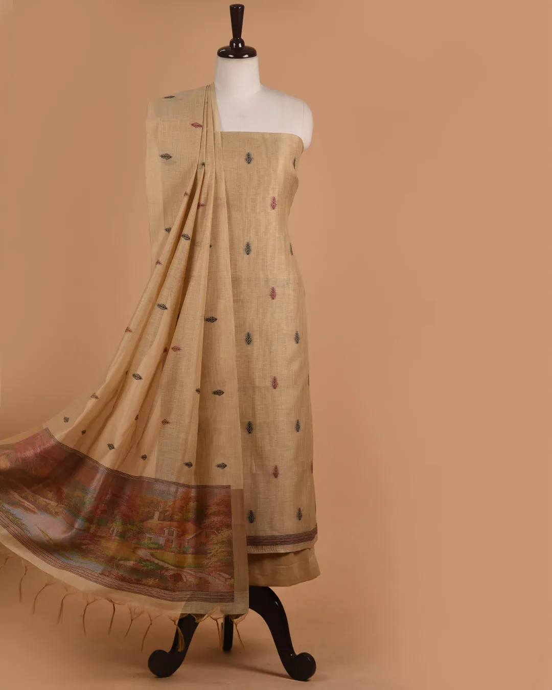 Beige Chanderi Blend Jamdani Woven Unstitched Suit Fabric Set With Chanderi Blend Woven Dupatta