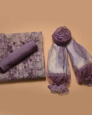 Beige With Mauve Chanderi Woven With Embroidery Unstitched Suit Fabric Set With Chanderi Woven Dupatta