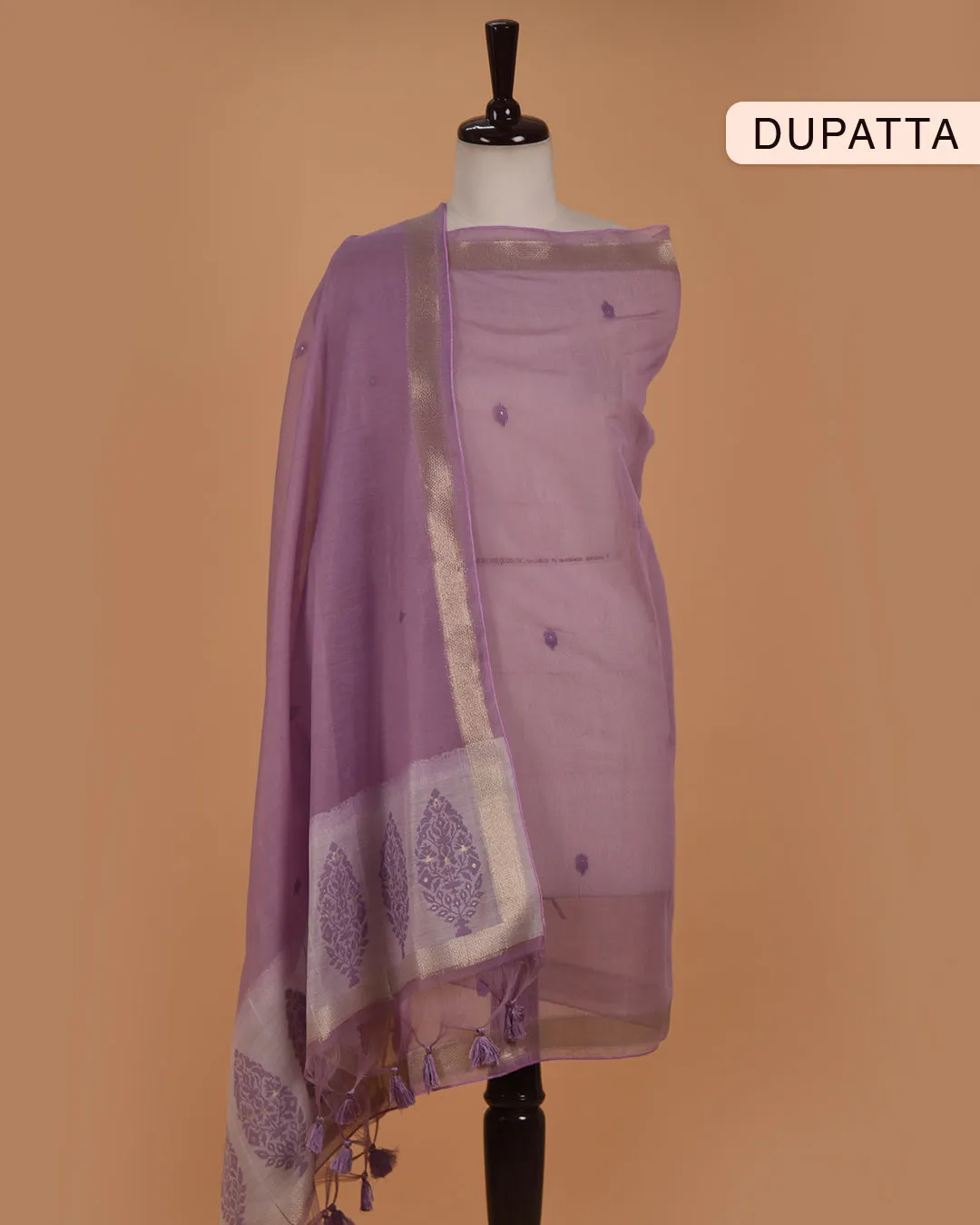 Beige With Mauve Chanderi Woven With Embroidery Unstitched Suit Fabric Set With Chanderi Woven Dupatta