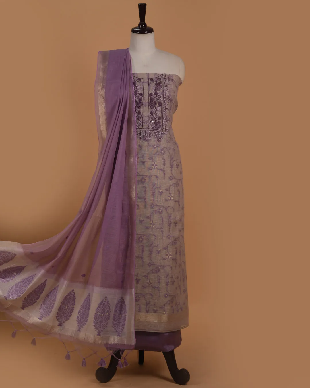 Beige With Mauve Chanderi Woven With Embroidery Unstitched Suit Fabric Set With Chanderi Woven Dupatta