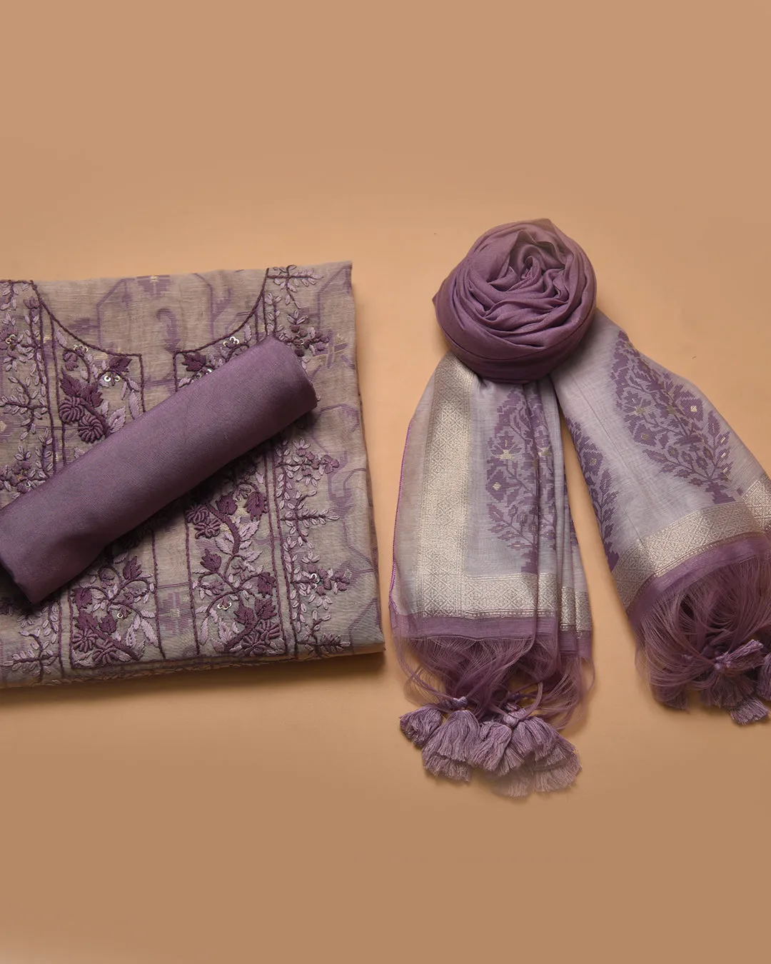 Beige With Mauve Chanderi Woven With Embroidery Unstitched Suit Fabric Set With Chanderi Woven Dupatta