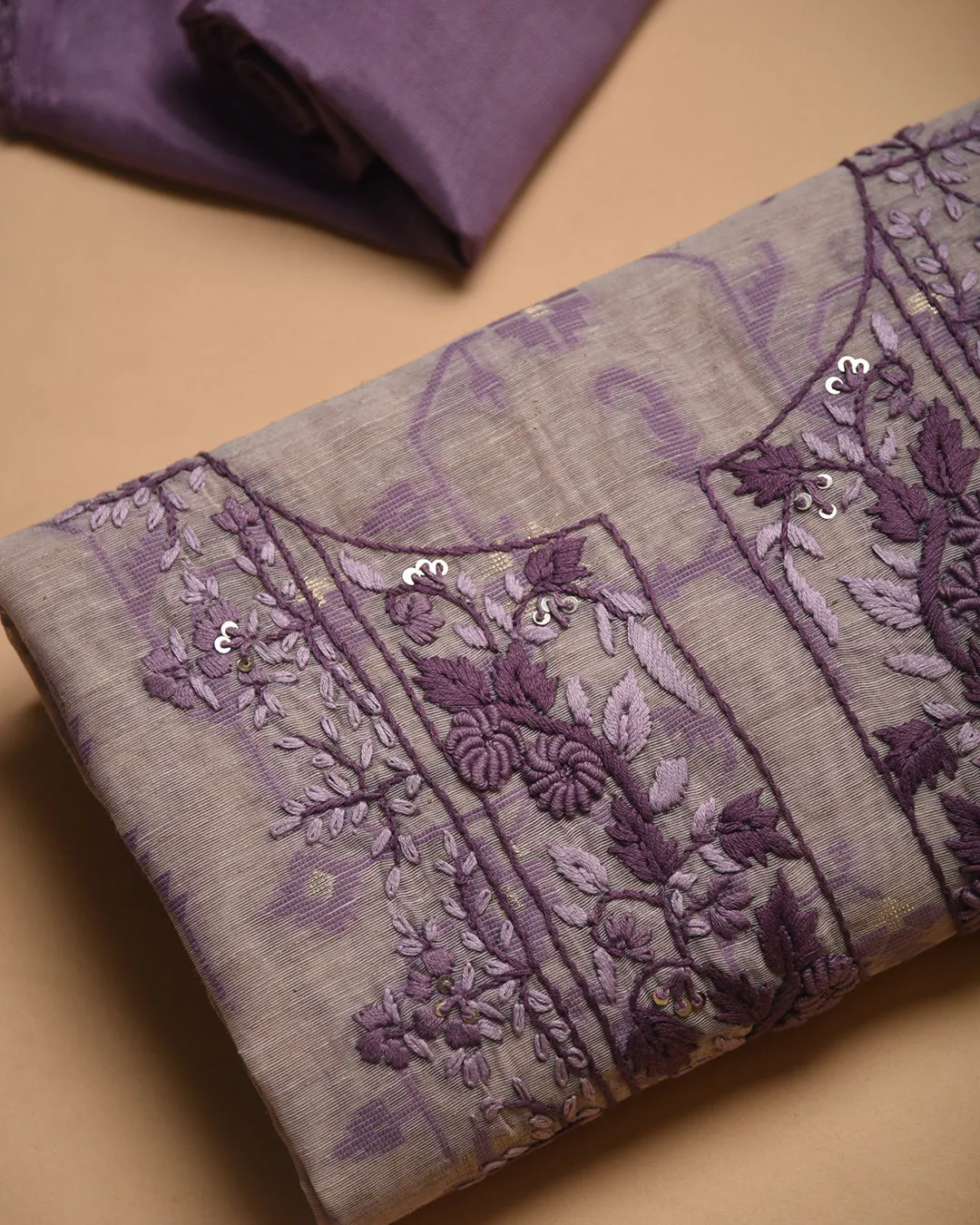 Beige With Mauve Chanderi Woven With Embroidery Unstitched Suit Fabric Set With Chanderi Woven Dupatta
