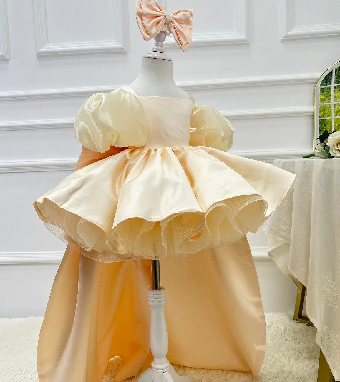 Blue puff sleeve birthday party elegant trailing girl princess dress