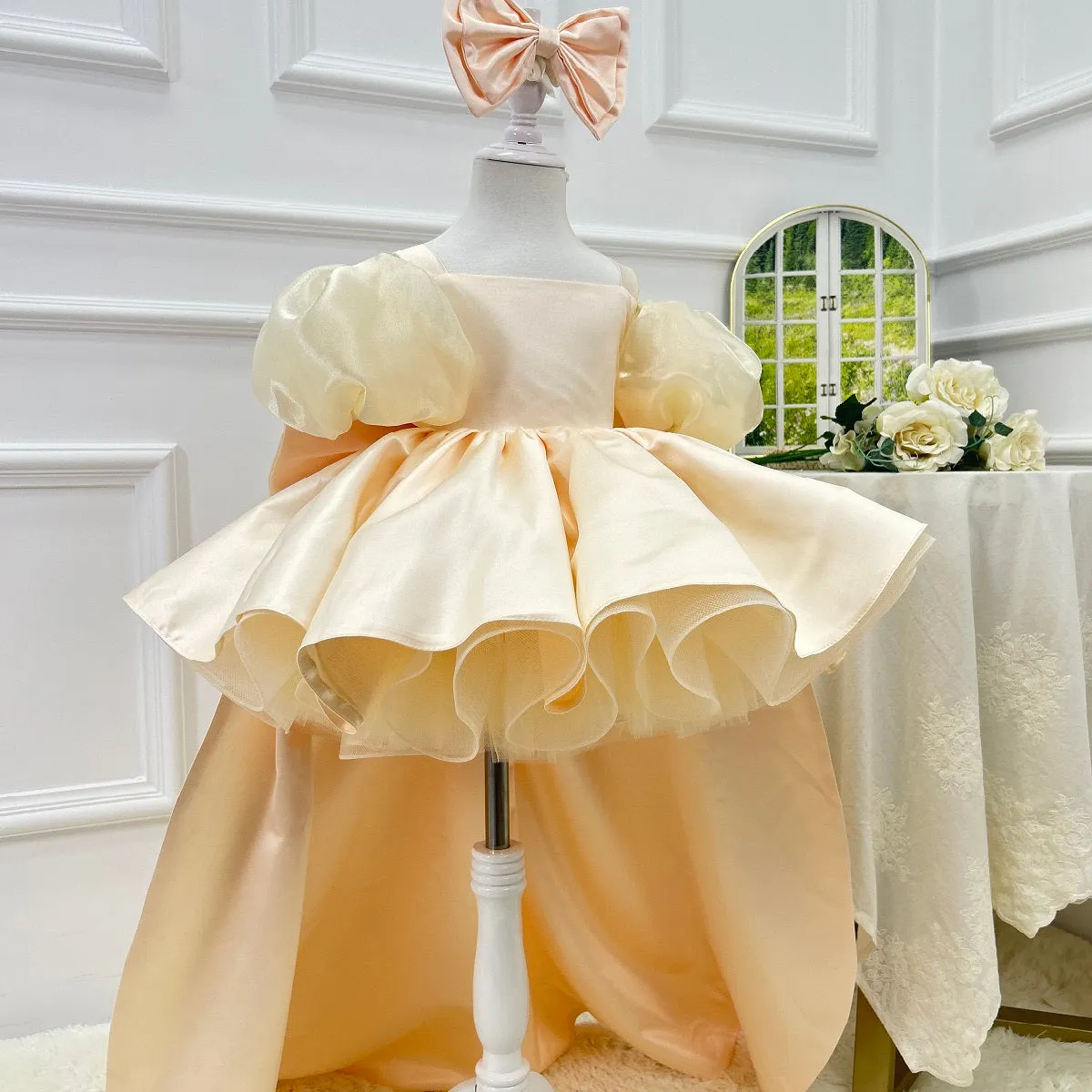 Blue puff sleeve birthday party elegant trailing girl princess dress