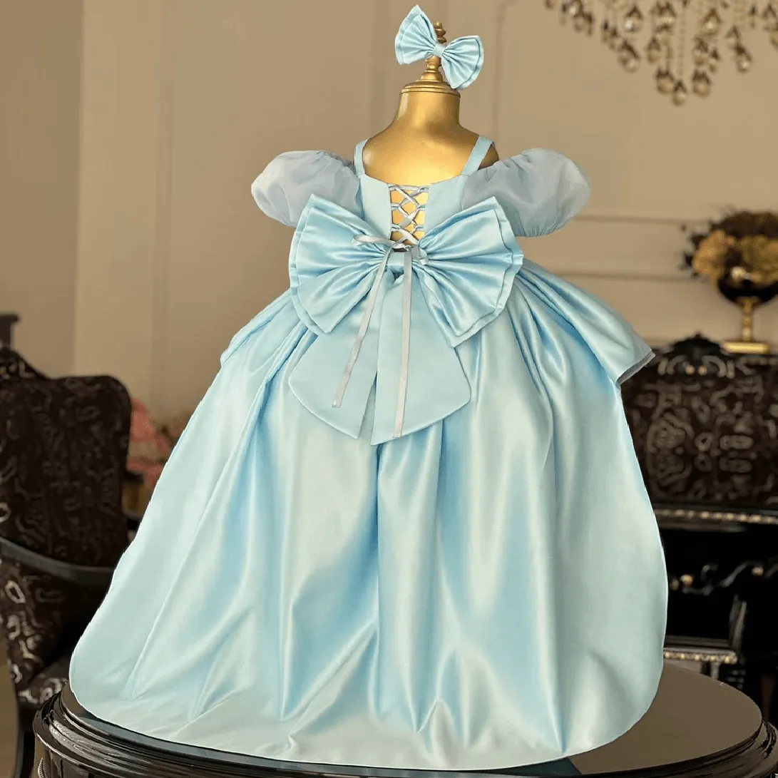Blue puff sleeve birthday party elegant trailing girl princess dress
