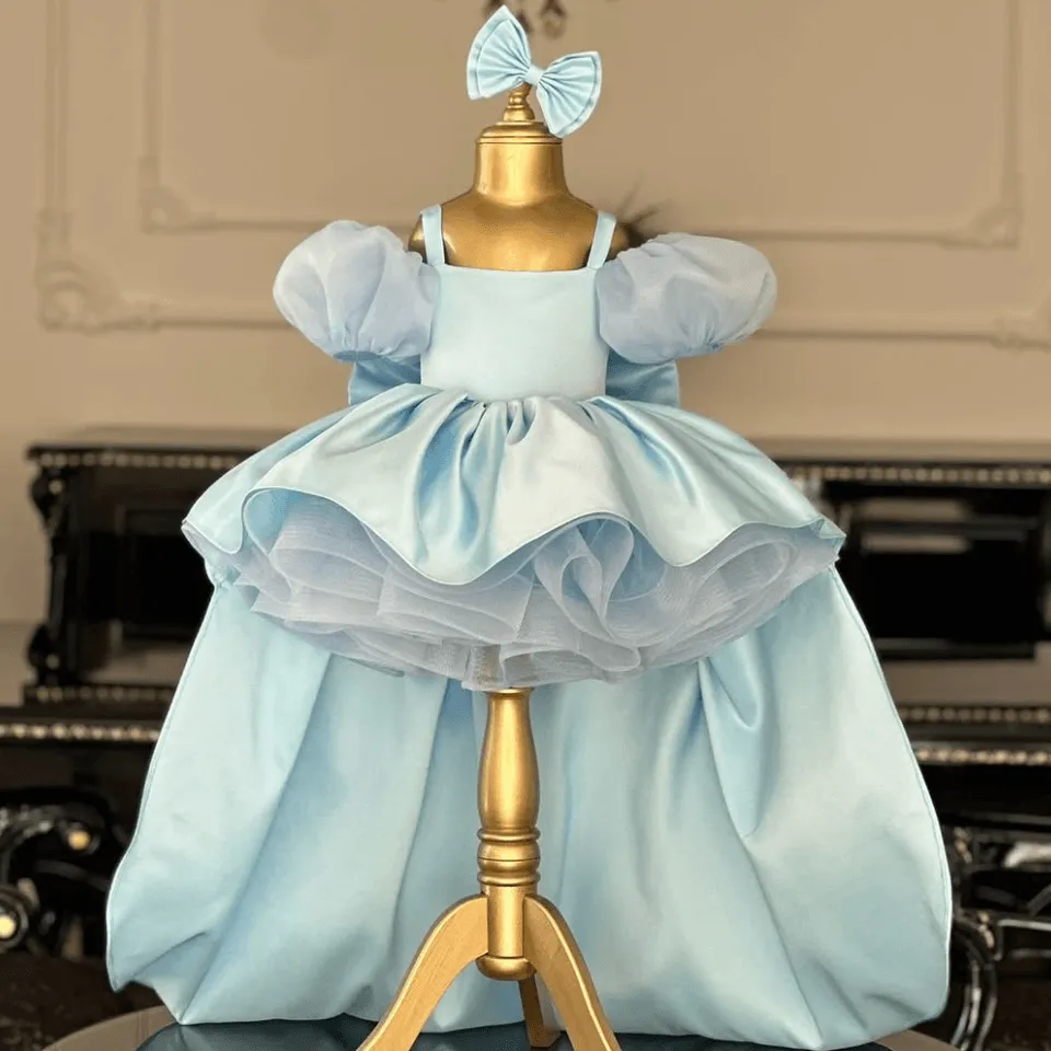 Blue puff sleeve birthday party elegant trailing girl princess dress