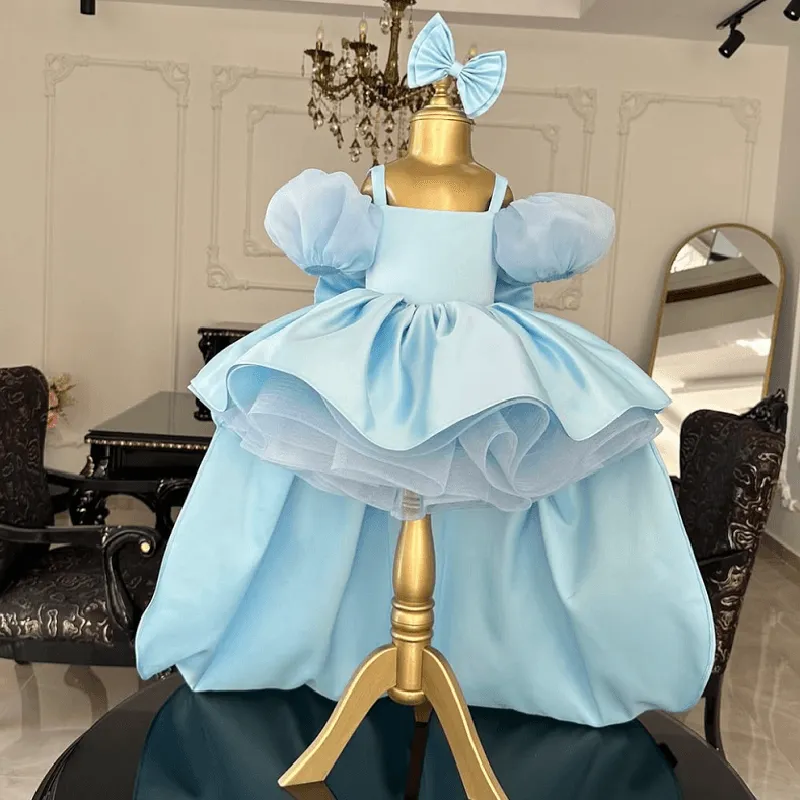 Blue puff sleeve birthday party elegant trailing girl princess dress