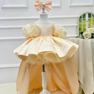 Blue puff sleeve birthday party elegant trailing girl princess dress