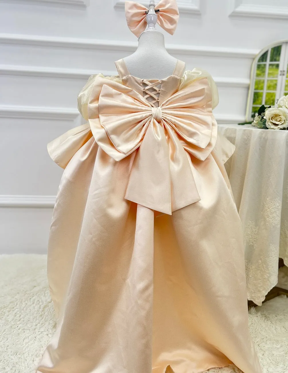 Blue puff sleeve birthday party elegant trailing girl princess dress