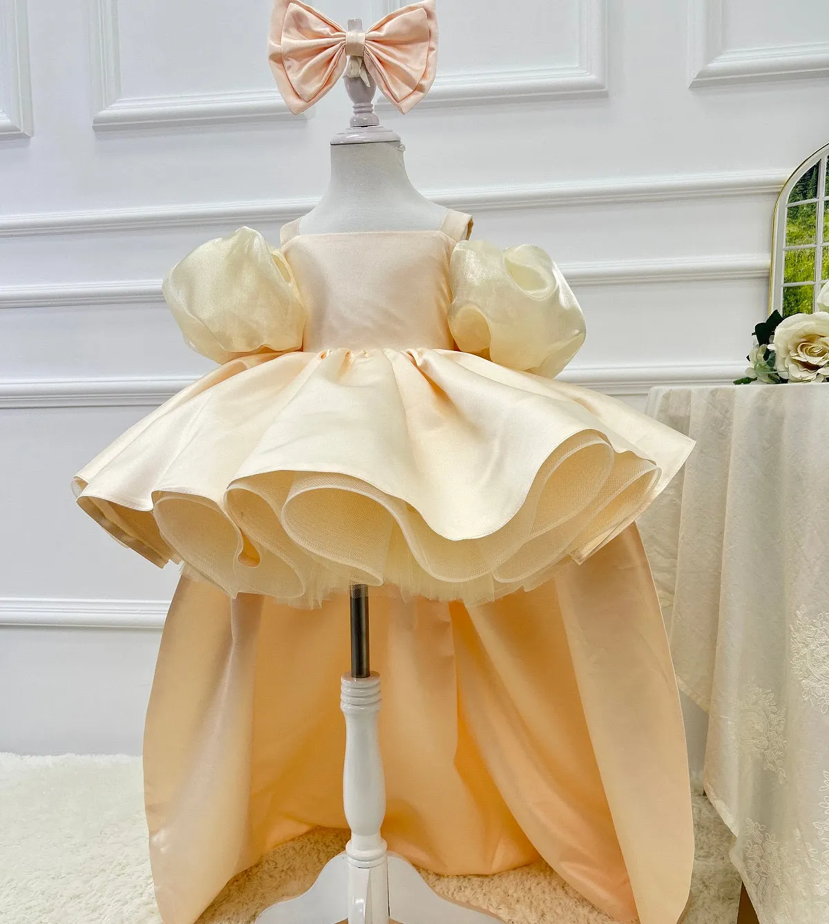 Blue puff sleeve birthday party elegant trailing girl princess dress