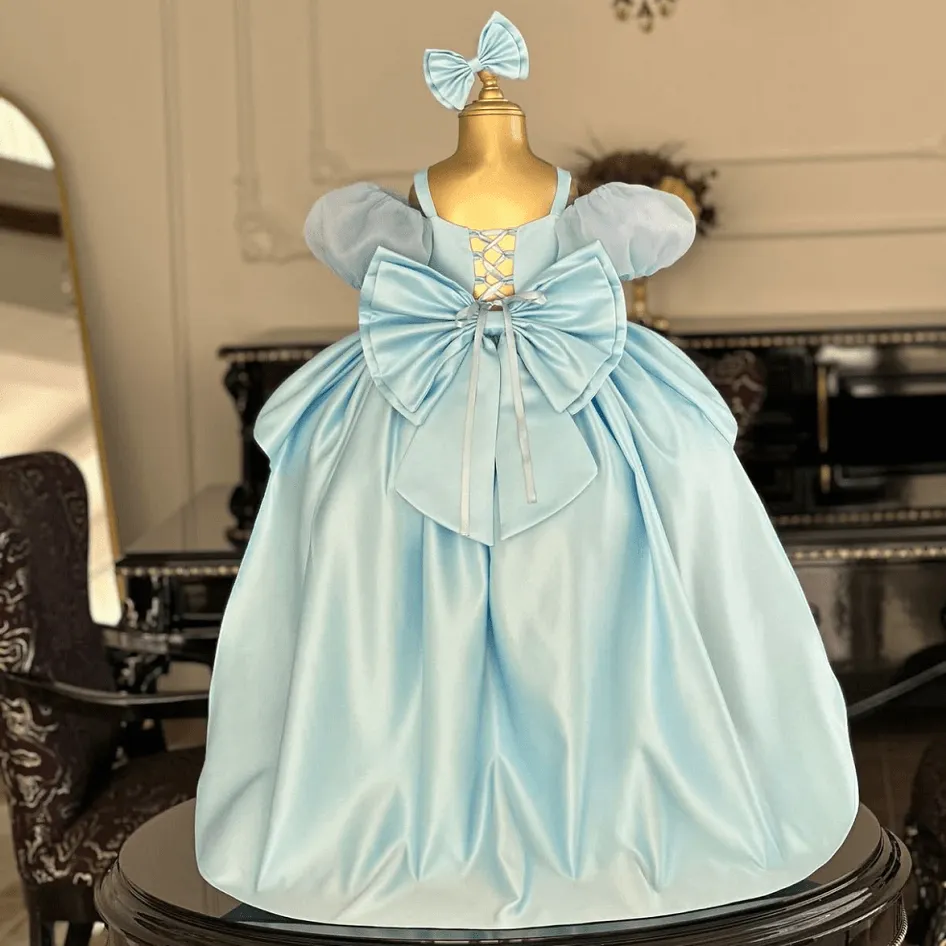 Blue puff sleeve birthday party elegant trailing girl princess dress