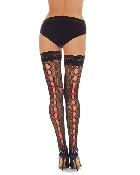 Bow Backseam Lace Top Net Thigh High - Black/Red -
