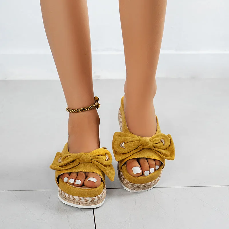 Bowknot Candy Color Straw Woven Bottom Fashion Casual One-shaped Sandals And Slippers