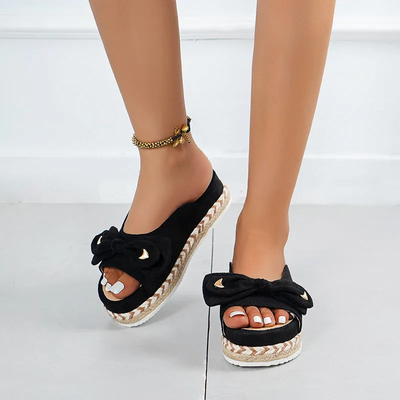 Bowknot Candy Color Straw Woven Bottom Fashion Casual One-shaped Sandals And Slippers