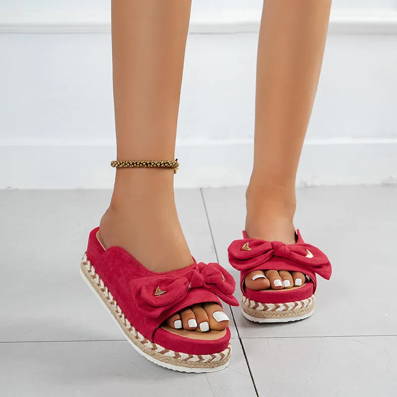 Bowknot Candy Color Straw Woven Bottom Fashion Casual One-shaped Sandals And Slippers