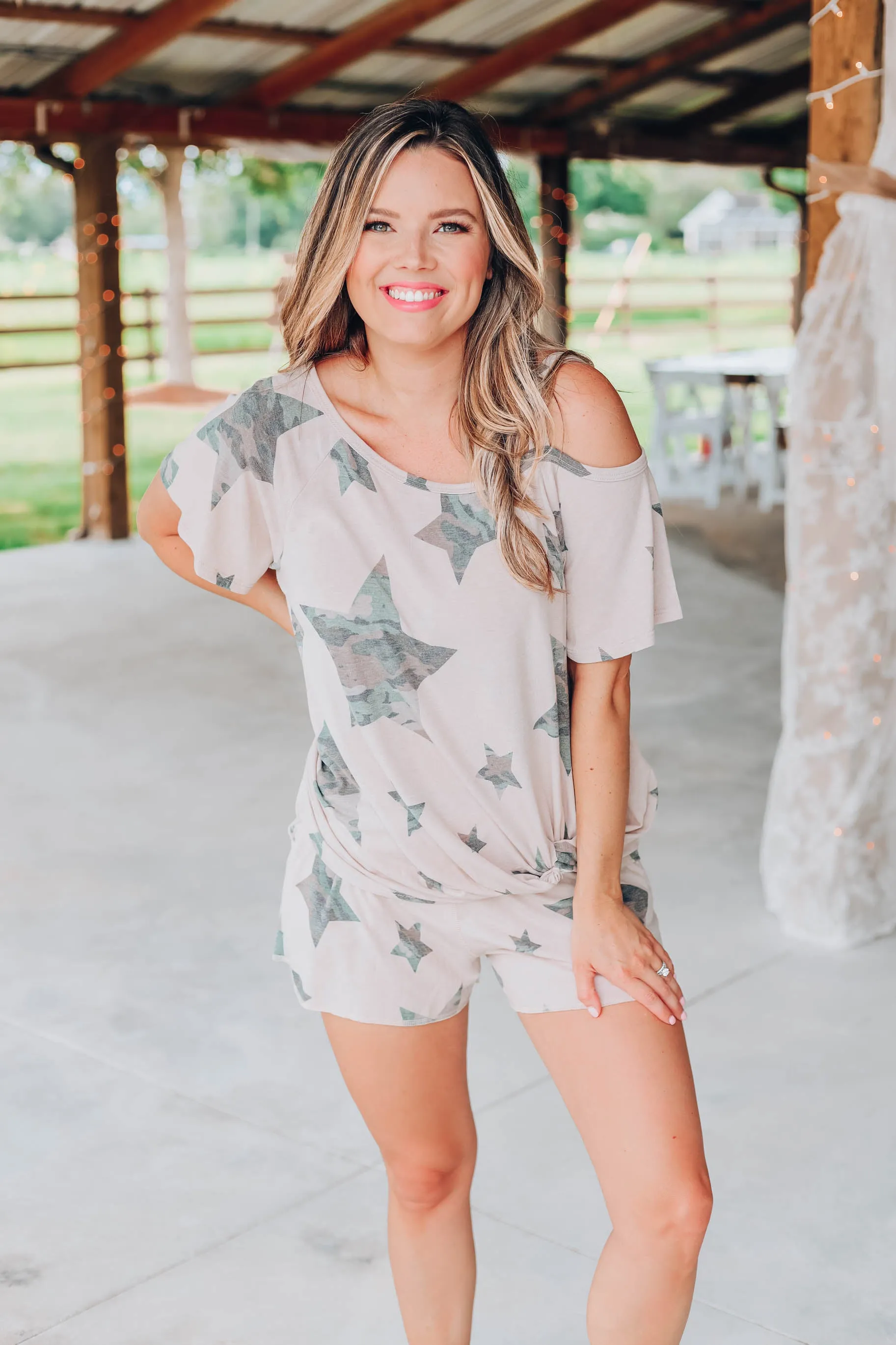 Catching Stars Camo Cold Shoulder Top