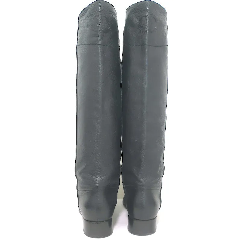 Chanel 14A CC Riding Boots Black Grained Leather Size 39