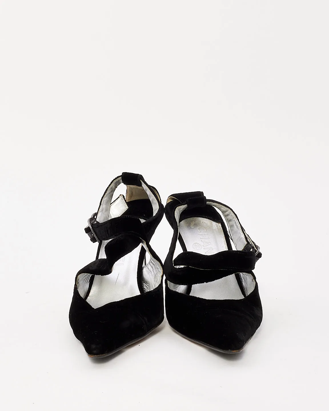 Chanel Black Velvet CC Crystal Logo Pointed Toe Pumps - 41
