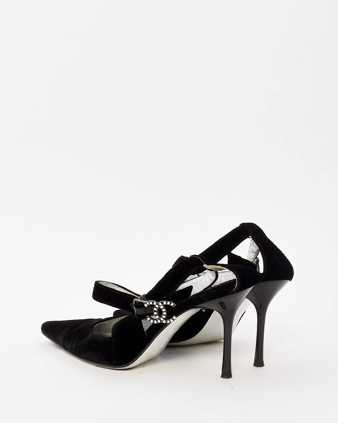 Chanel Black Velvet CC Crystal Logo Pointed Toe Pumps - 41