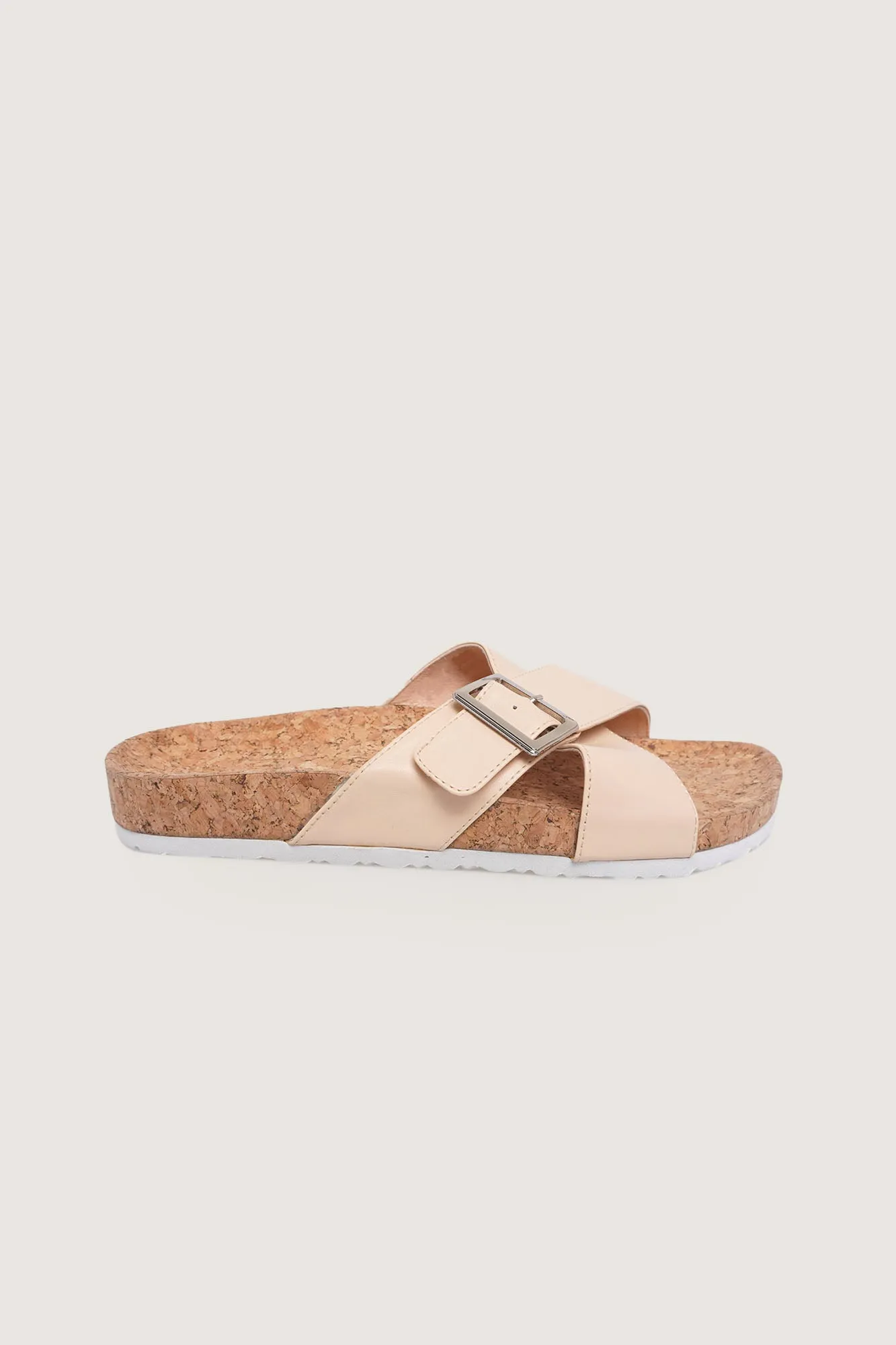 Criss Cross Buckled Cork Sliders