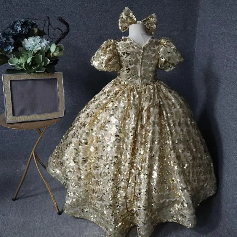 Elegant puff sleeves sequined bow performance banquet party children's evening dress