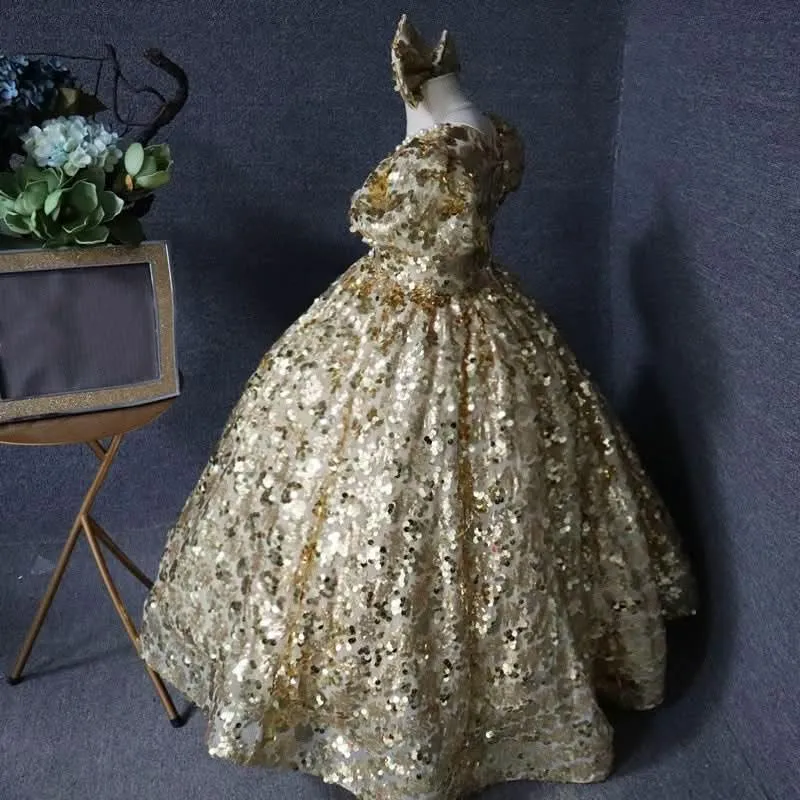 Elegant puff sleeves sequined bow performance banquet party children's evening dress