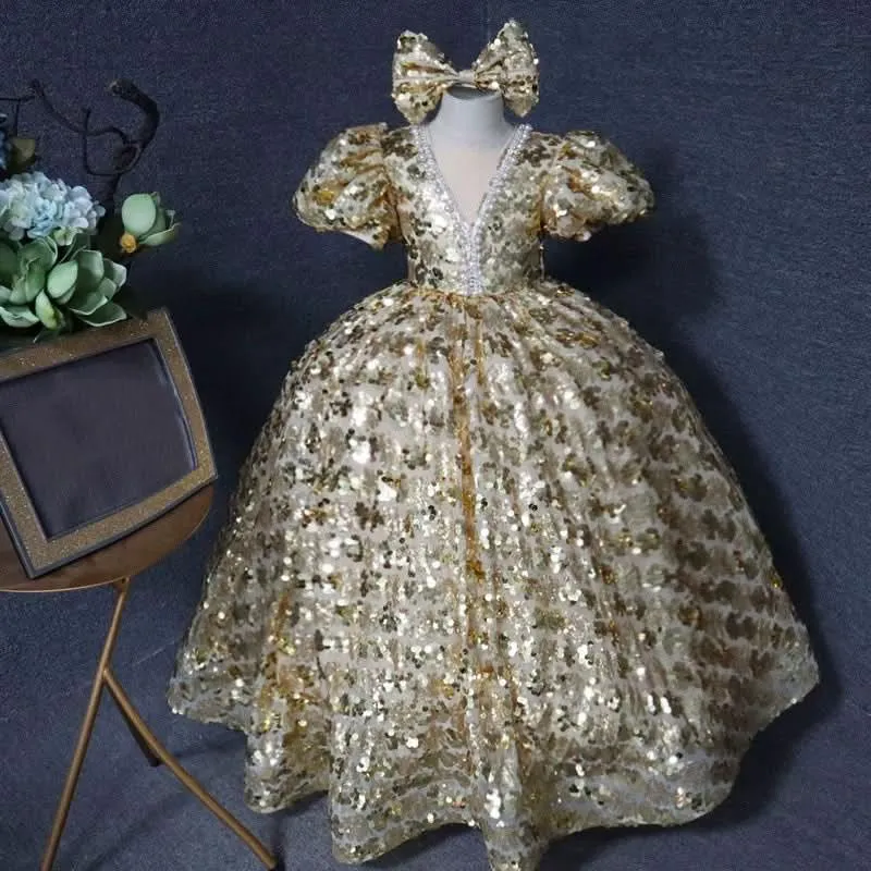 Elegant puff sleeves sequined bow performance banquet party children's evening dress