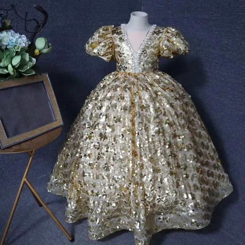 Elegant puff sleeves sequined bow performance banquet party children's evening dress