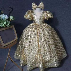 Elegant puff sleeves sequined bow performance banquet party children's evening dress