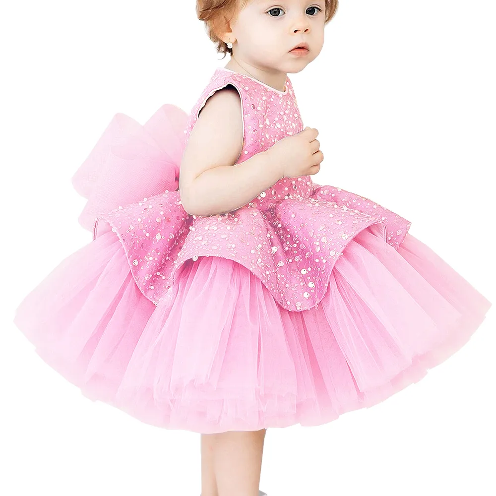Elegant sequin baby dress, birthday party girl dress, wedding flower girl evening dress with tiara