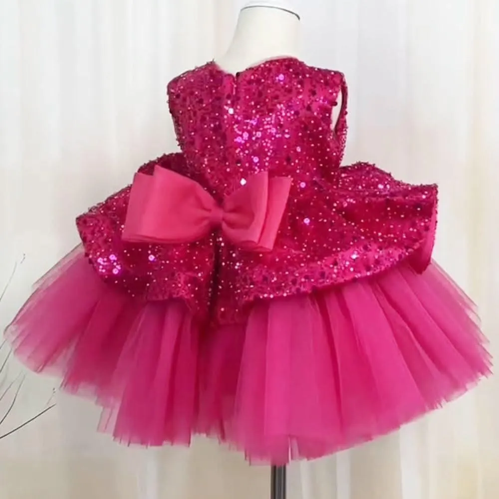 Elegant sequin baby dress, birthday party girl dress, wedding flower girl evening dress with tiara