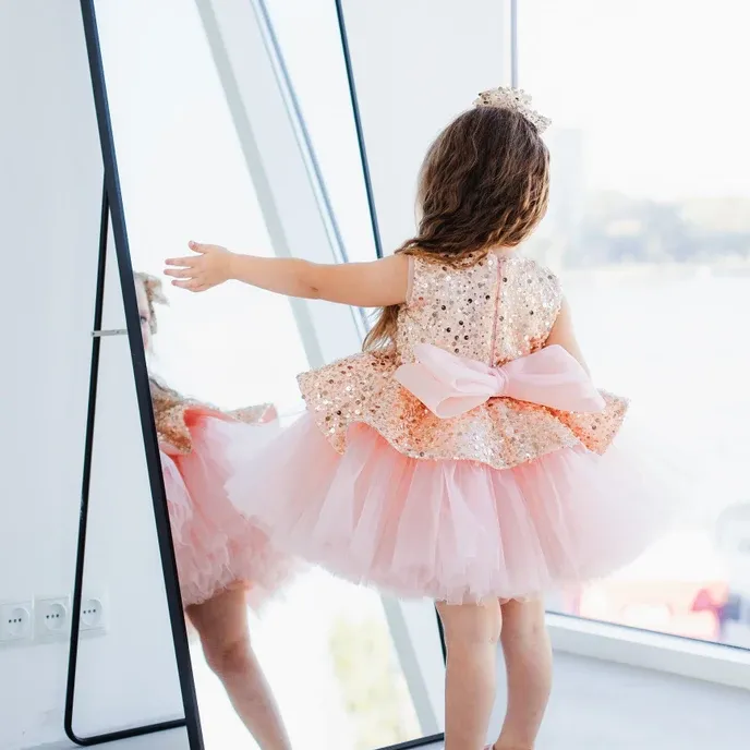 Elegant sequin baby dress, birthday party girl dress, wedding flower girl evening dress with tiara
