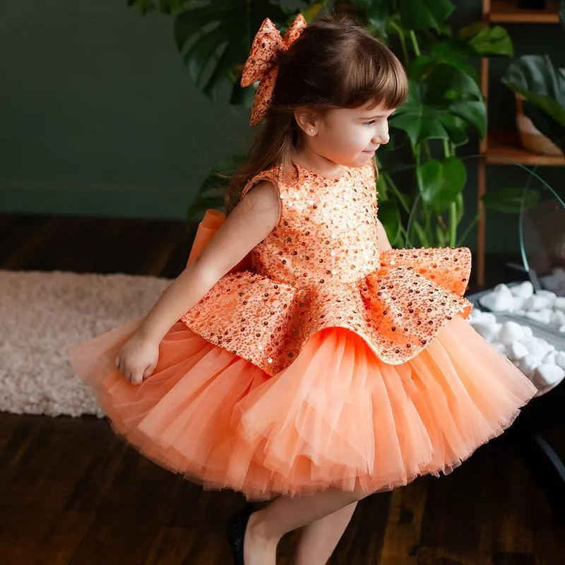Elegant sequin baby dress, birthday party girl dress, wedding flower girl evening dress with tiara