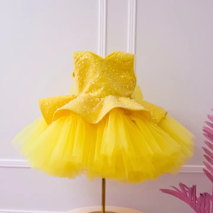 Elegant sequin baby dress, birthday party girl dress, wedding flower girl evening dress with tiara