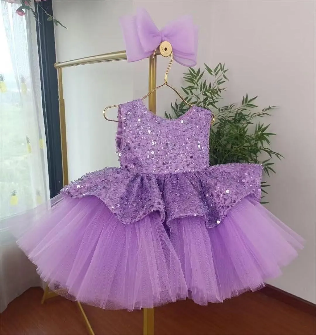 Elegant sequin baby dress, birthday party girl dress, wedding flower girl evening dress with tiara