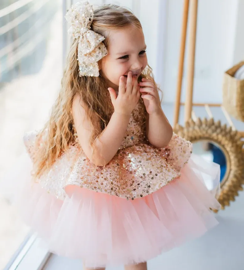 Elegant sequin baby dress, birthday party girl dress, wedding flower girl evening dress with tiara