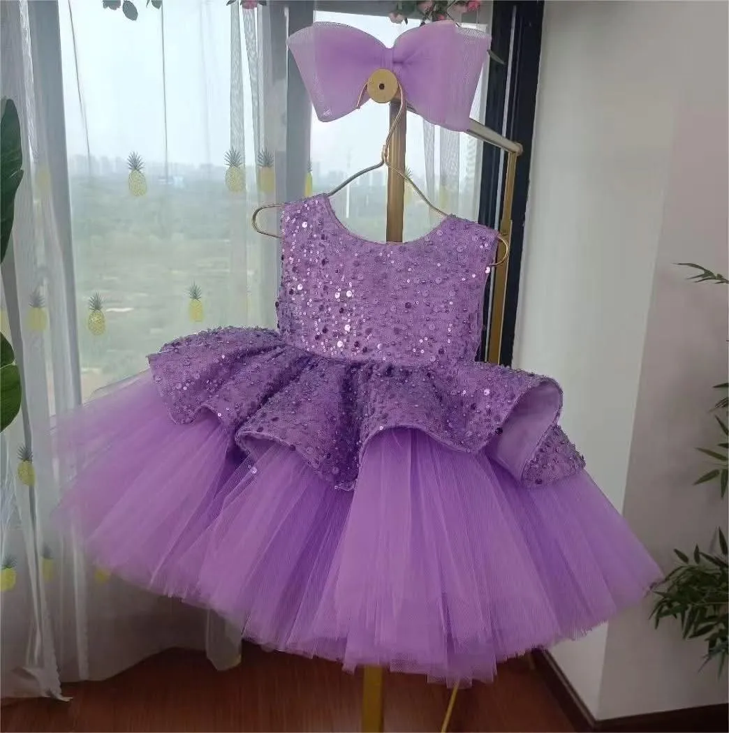 Elegant sequin baby dress, birthday party girl dress, wedding flower girl evening dress with tiara