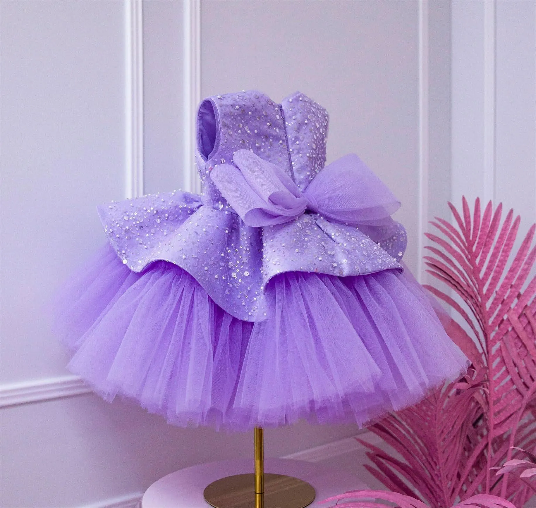 Elegant sequin baby dress, birthday party girl dress, wedding flower girl evening dress with tiara
