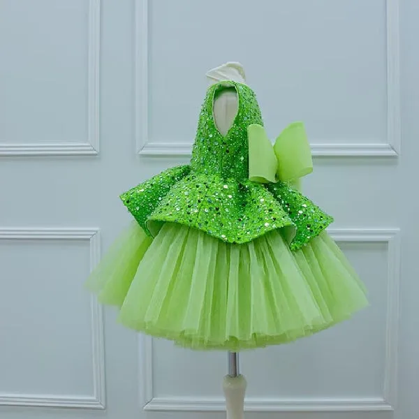 Elegant sequin baby dress, birthday party girl dress, wedding flower girl evening dress with tiara